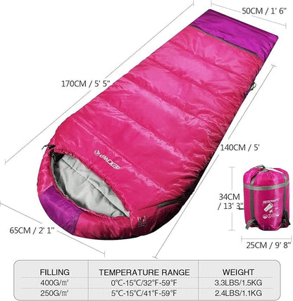 REDCAMP Kids Mummy Sleeping Bag for Camping, 3 Season Cold Weather Sleeping Bag Fit Boys,Girls & Teens, Blue/Rose Red
