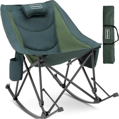 Oversized Rocking Camping Chair for Adults Heavy Duty,Padded Outdoor Rocking Chair Lawn Chairs Portable Rocking Camp Chairs with Side Pocket and Carry Bag for Indoor,Beach,Camp,Lawn,Outdoor