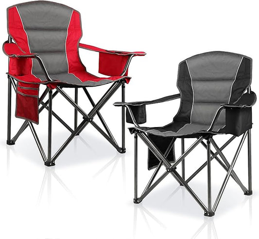 2 Pack Oversized Folding Camping Chairs for Adults, Heavy Duty Lawn Chairs with Cup Holder Storage and Cooler Bag, 450 LBS Weight Capacity, Padded Collapsible Chairs for Outdoor, Garden & Beach