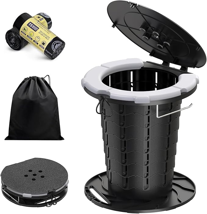 CKE Upgraded Retractable Portable Toilet for Camping with Soft PU Cushion, 300LBS Folding Toilet Adjustable Height Camping Toilet for Adults Kids, Portable Potty Travel Foldable Toilet for Camping/Car