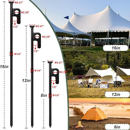 32Pcs Tent Stakes, 16in Heavy Duty Tent Stakes with Storage Pouch, Forged Steel Tent Sakes Metal, Metal Stakes for Tent Used on Grassland, Snowfield, Dessert(32Pcs, 16in, Diameter 1/4")