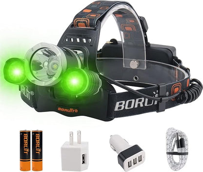 BORUIT RJ-3000 Rechargeabe LED Headlamp 5000 Lumens with Green Light, 3 Modes Super Bright USB Head Lamp IPX4 Waterproof Headlight for Adults USB Outdoor Fishing Camping