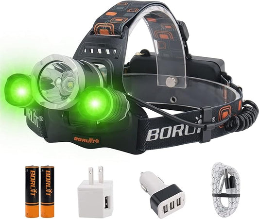 BORUIT RJ-3000 Rechargeabe LED Headlamp 5000 Lumens with Green Light, 3 Modes Super Bright USB Head Lamp IPX4 Waterproof Headlight for Adults USB Outdoor Fishing Camping