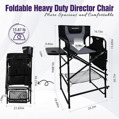 Tall Folding Directors Chair with Side Table 30.71" Seat Height Foldable Camping Chair Bar Stool for Makeup Artist Face Painting with Footrest and Storage Pocket Supports 350LBS