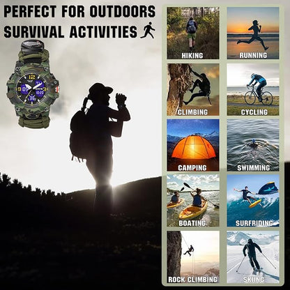 23-in-1 Survival Military Digital Watch, Mens Tactical Multi-Functional and Adjustable Wristband Outdoors Waterproof Sports Dual Dial Watches with Compass Paracord Band