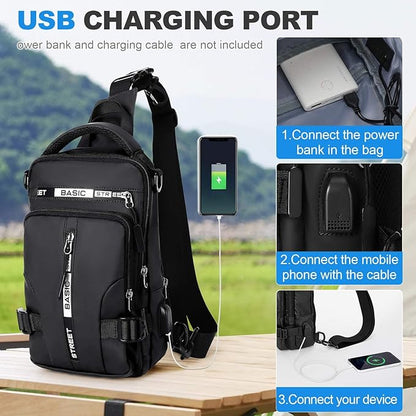 Large Black Sling Bag for Men Women, Mini Anti Theft One Strap Motorcycle Sling Backpack, Small Sling Chest Bag Daypack Crossbody Backpack with Usb Port for Casual Travel Hiking Gym Outdoor Sports