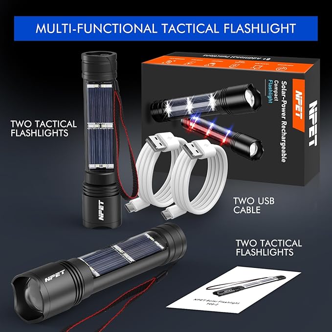 NPET T08-2 Solar Power Flashlight Car Flashlight USB Rechargeable Tactical Multi-Function Torch Emergency Tool (T08-2pack)