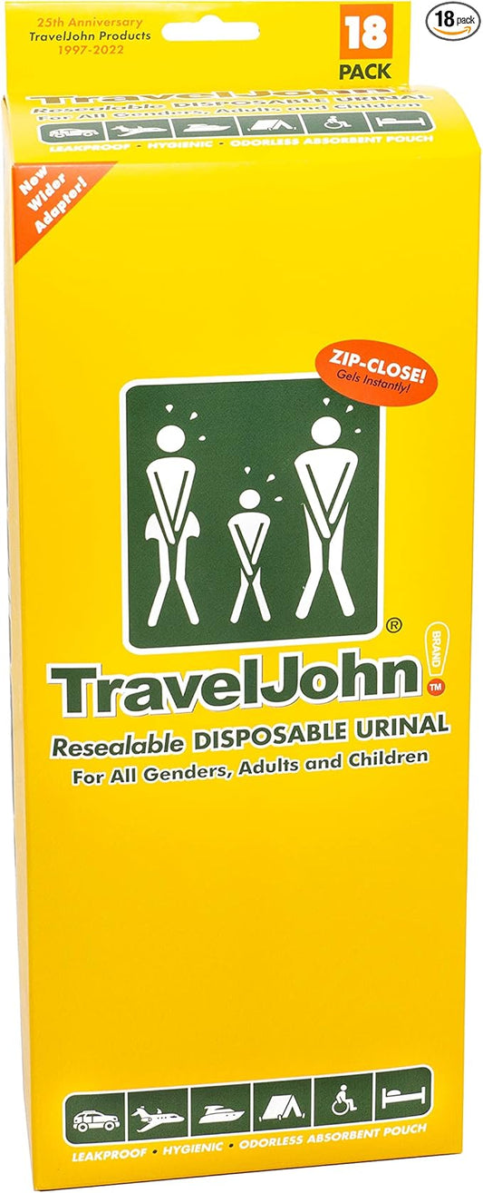 Resealable Disposable Urinal for All Genders, Adults, and Children (18 Pack) Designed for Emergencies, Travel, Camping, Long Car Rides and More - 28oz/800ml Capacity (TJ1N-C)