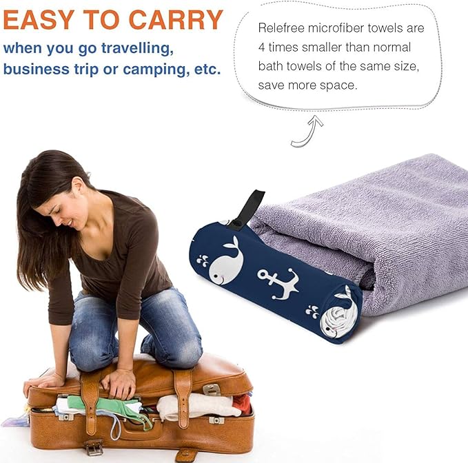 Nautical Whale Microfiber Travel Towel Quick Dry Swim Gym Towel 31.5 X 15.8 Inch Absorbent with Loop Hand Towels for Kids Adults Camping Hiking Sports
