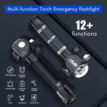 NPET T10-5 Solar Flashlight Car Flashlight Zoomable 1000 Lumens LED COB Light USB Rechargeable Tactical Multi-Function Torch Emergency Tool with Window Breaker Seat Belt Cutter Compass Siren