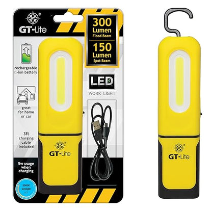LED Rechargeable Work Light 300 Lumen Flash Light, 6ft Cable, Hanging Hook, Magnetic Base, Kickstand, 3 Settings, High/Low/Flashlight, Emergency Kits, Camping Light, Utility, Plumbing Light