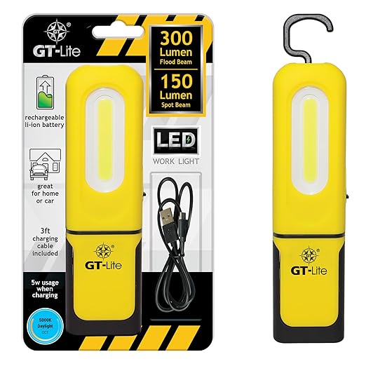 LED Rechargeable Work Light 300 Lumen Flash Light, 6ft Cable, Hanging Hook, Magnetic Base, Kickstand, 3 Settings, High/Low/Flashlight, Emergency Kits, Camping Light, Utility, Plumbing Light