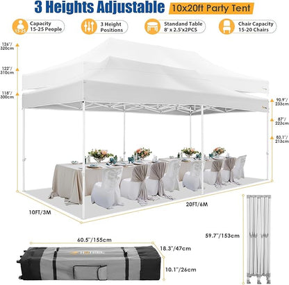HOTEEL 10x20 Pop up Canopy Tent for Parties, Heavy Duty Easy Setup Tent with 6 Sidewalls, Outdoor Commercial Instant Gazebo for Wedding Event, with Roller Bag & Sand Bags, White(Hexagonal Frame)