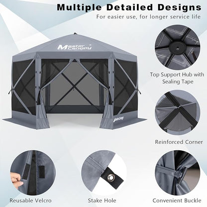 MASTERCANOPY 10x10FT Pop Up Gazebo Screen Tent - Instant Screen House with Netting, Quick Set, Outdoor Canopy Shelter with Carry Bag for Camping, Backyard & Patio (Gray)