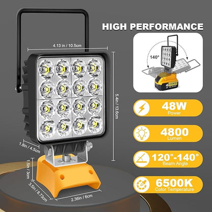 Portable LED Work Light for Dewalt 20v Battery,Dewalt Battery Light with Power Functionality and Rotating Stand,Rechargeable Flood Light,48W 4800LM Flashlight for Garage & Jobsite Lighting