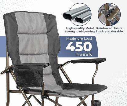 Large High Back Camping Chair for Adults - Comfortable Oversized for Tall People, Heavy Duty & 450lbs Capacity K-Frame, Padded Seat & Armrests for Sitting Fishing Outside, Cup Holder (Black)