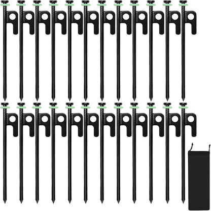 24Pcs Tent Stakes, 8in Heavy Duty Tent Stakes with Storage Pouch, Forged Steel Tent Sakes Metal, Metal Stakes for Tent Used on Grassland, Snowfield, Dessert(24Pcs, 8in, Diameter 1/4")