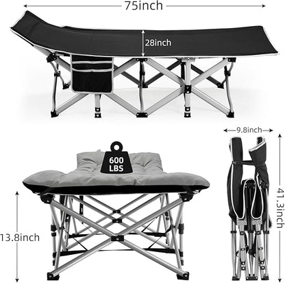 Portable Camping Cot, Sleeping Cots for Adults, 28" Extra Wide Folding Cot Max Load 600LBS with Thick Mattress, Portable Camping Bed for Outdoor Camp/Office, Home Nap (Black+Grey)