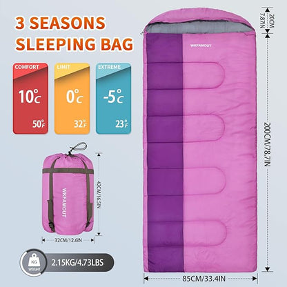 XL 10 Degree Sleeping Bags Waterproof for Adults 350GSM Machine Washable with Compression Sack for 3-4 Season Camping Outdoor