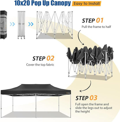 HOTEEL 10x20 Pop up Canopy Tent for Parties, Heavy Duty Easy Setup Tent Without Sidewalls, Outdoor Commercial Instant Gazebo for Wedding Event, with Roller Bag & Sand Bags, Black(Hexagonal Frame)