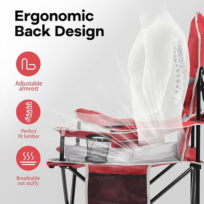 XMT Extra Wide Armrests Portable Folding Chair with Cup Holder Cooler Bag Heavy Duty 600D Oxford Fabric Supports 450lbs Compact Foldable Camping Chair for Outdoor Beach Picnic Sports