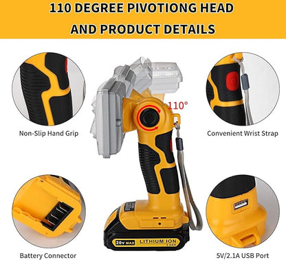 YEX-BUR 2000LM LED Work Light for Dewalt 20V Battery, 18W LED Floodlight Flashlight with USB-A Fast Charging Port for Jobsite, Car Repairing, Camping, Emergency