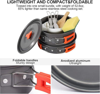 REDCAMP 12/14/15/19 PCS Camping Cookware Mess Kit Camping Gear Campfire Utensils Lightweight Stackable Pot Pan Bowls Soup Spoon with Storage Bag for Camping, Backpacking, Outdoor Cooking, Picnic