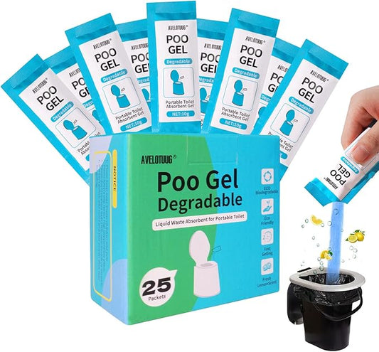 Portable Toilet Absorbent Gel Powder, 25 Pack Poo Gel for Camping Toilet Solid Waste and Urine, Eco Gel for Outdoor Recreation Hiking Fast-Acting Gel Deodorizing Treatment