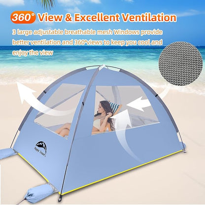 Happy Travel Beach Tent Sun Shelter for 3/4/5/6/7/8 Person, Portable UPF 50+ UV Protection Beach Shade Canopy for Family & Baby, Lightweight & Easy Setup Beach Cabana with 3 Ventilation Mesh Windows