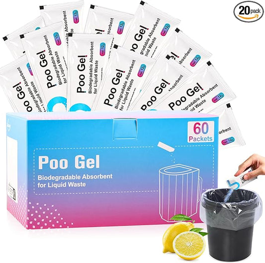 60 Packets 12g Poo Gel for Portable Toilet, Camping Toilet Gel Powder for Potty Bags, Super Eco Absorbent Gel, Portable Toilet Gel Packets for Outdoor Recreation Camping Essentials (60 Packets)