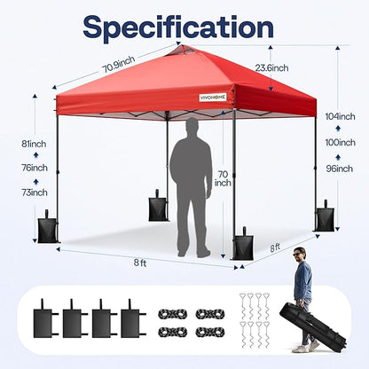 VIVOHOME 8x8ft Pop Up Canopy Tent One Push Setup Outdoor Portable Shelter Tent Heavy Duty with Wheel Carry Bag and 4 Sandbags, Red