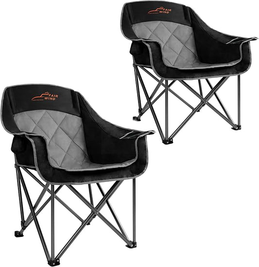FAIR WIND 2 Pack Oversized Padded Camping Chair Heavy Duty Quad Fold Arm Chair Portable for Outdoor - Support 450LBS, Black