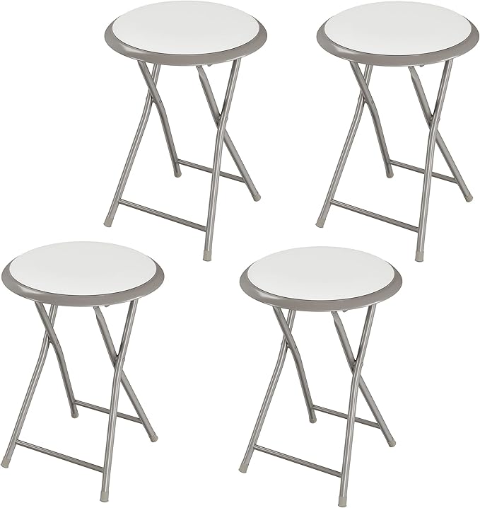Folding Bar Stool - Heavy-Duty 18-inch Collapsible Padded Round Stool with 300lb Capacity for Dorm, Rec Room, or Game Room by Trademark Home (White)
