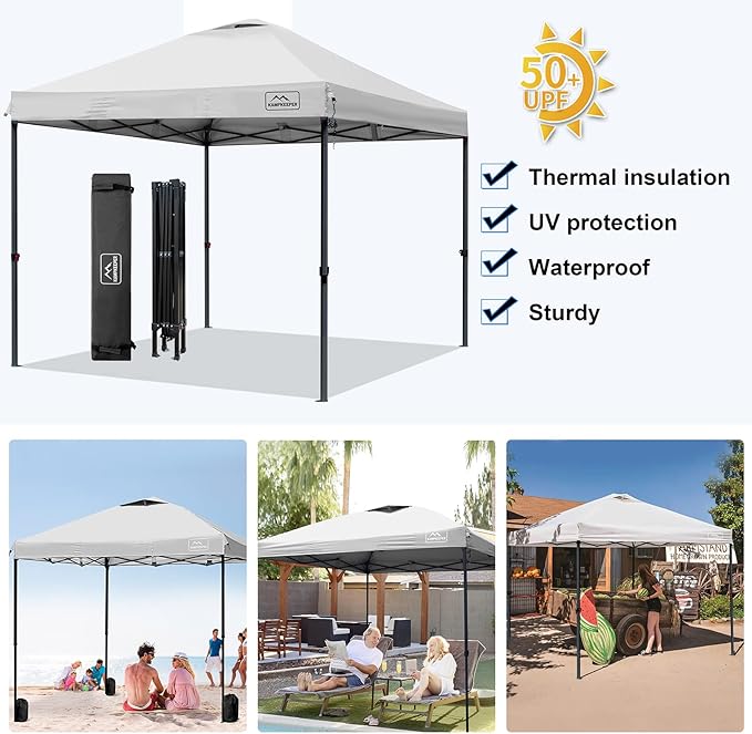 KAMPKEEPER Canopy Tent,Outdoor Canopy,10x10 Pop Up Canopy Tent for Commercial Garden Wedding Camping Party,3 Adjustable Height with Ropes and 4 Stakes (White)