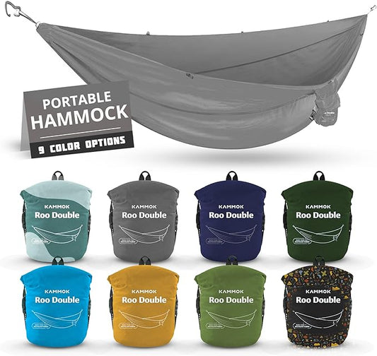 KAMMOK: Roo Double Hammock | Made from Strong & 100% Recycled Water Resistant Ripstop Fabric | Comfortable, Packable, Lightweight (Lifetime Adventure Grade Warranty), Granite Gray