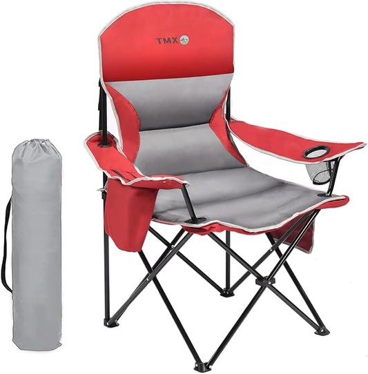 XMT Extra Wide Armrests Portable Folding Chair with Cup Holder Cooler Bag Heavy Duty 600D Oxford Fabric Supports 450lbs Compact Foldable Camping Chair for Outdoor Beach Picnic Sports