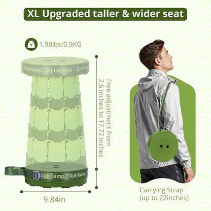 Retractable Folding Stool - Heavy Duty 400 lb Collapsible Portable Stool for Camping, Hiking, Fishing, Indoor/Outdoor with Non-Slip Base and Lightweight Design (Light Green, 1-Pack)
