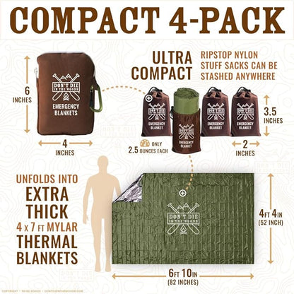 World’s Toughest Emergency Blankets [4-Pack] Extra-Thick Thermal Mylar Foil Space Blanket | Waterproof Ultralight Outdoor Survival Gear For Hiking, Camping, Running, Emergency, First Aid Kits [Green]