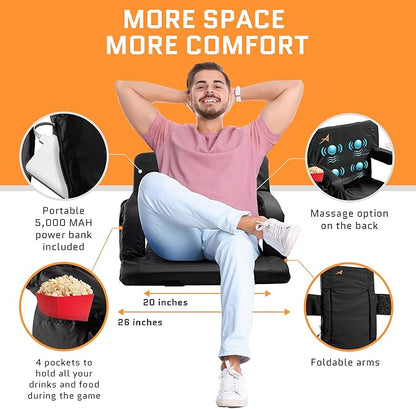 Massage Bleacher Seat with Backrest Stadium Seats for Bleachers Stadium Seat Cushion Stadium Seating for Bleachers, USB Battery Included - Upgraded 3 Levels of Massage - Memory Cushioned, 4 Pockets