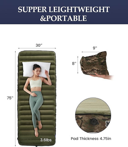 Inflatable Sleeping Pad for Camping, Extra-Thick 4.75 Inch Air Mattress with Soft Cotton Top, Machine Washable, Family Lightweight 4-Season Pad for Camping, Traveling & Hiking, Green