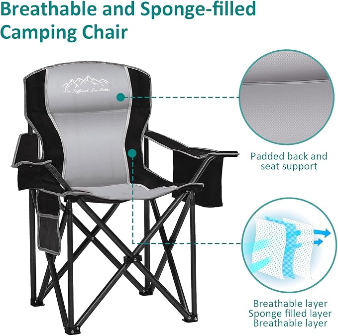 Heavy Duty Folding Camping Chair with Cooler Bag, Cup Holder, Storage Pocket, 450lbs Capacity with Large Anti-Sink Feet, Portable Padded Chair for Camping, Beach, Fishing, Sports, Black