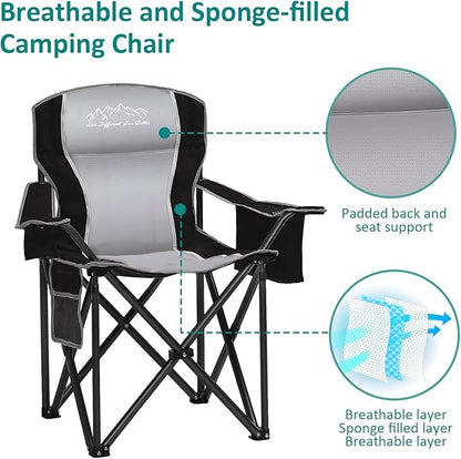 Heavy Duty Folding Camping Chair with Cooler Bag, Cup Holder, Storage Pocket, 450lbs Capacity with Large Anti-Sink Feet, Portable Padded Chair for Camping, Beach, Fishing, Sports, Black