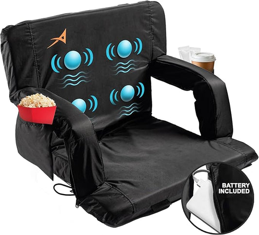 Massage Bleacher Seat with Backrest Stadium Seats for Bleachers Stadium Seat Cushion Stadium Seating for Bleachers, USB Battery Included - Upgraded 3 Levels of Massage - Memory Cushioned, 4 Pockets
