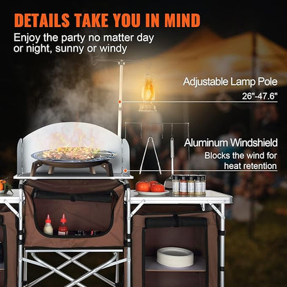 VBENLEM Camping Kitchen Table, Aluminum Portable Folding Camp Cook Table with Windshield, 3 Cupboard, Storage Organizer, Quick Installation for Outdoor Picnic Beach Party Cooking, Brown