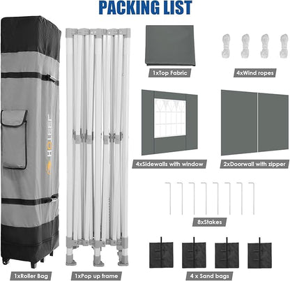 HOTEEL 10x20 Pop up Canopy Tent for Parties, Heavy Duty Easy Setup Tent with 6 Sidewalls, Outdoor Commercial Instant Gazebo for Wedding Event, with Roller Bag & Sand Bags, Grey(Hexagonal Frame)