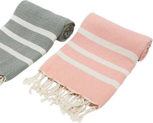 2 Pack Travel Cotton Blanket Twin Size Breathable Cozy Airplane Keep Warm Compact Vacation Essentials Car Camping Quick Dry Beach Peshtemal Towel (Khaki Green and Salmon Pink)
