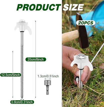20 Pcs 8" Screw in Tent Stakes Heavy Duty Tent Stakes Drillable Ground Anchors Screw Metal Tent Pegs Threaded Tent Spikes with Head Driver for Swing Inflatable Decor (Illuminant White)