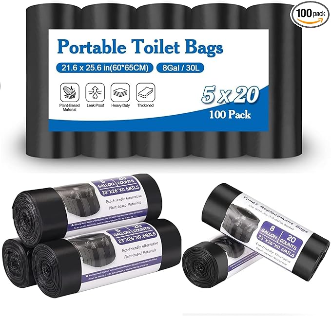 100 Portable Toilet Bags 8 Gallon, Thickened Biodegradable Camping Toilet Bags, Compostable Toilet Waste Bags for 5 Gallon Bucket Toilet, Outdoor Boating Travel Toilet Bags for Travel, Boating