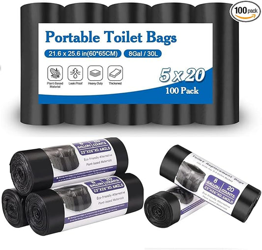 100 Portable Toilet Bags 8 Gallon, Thickened Biodegradable Camping Toilet Bags, Compostable Toilet Waste Bags for 5 Gallon Bucket Toilet, Outdoor Boating Travel Toilet Bags for Travel, Boating