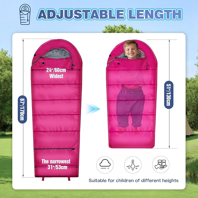 REDCAMP Kids Mummy Sleeping Bag for Camping, 3 Season Cold Weather Sleeping Bag Fit Boys,Girls & Teens, Blue/Rose Red